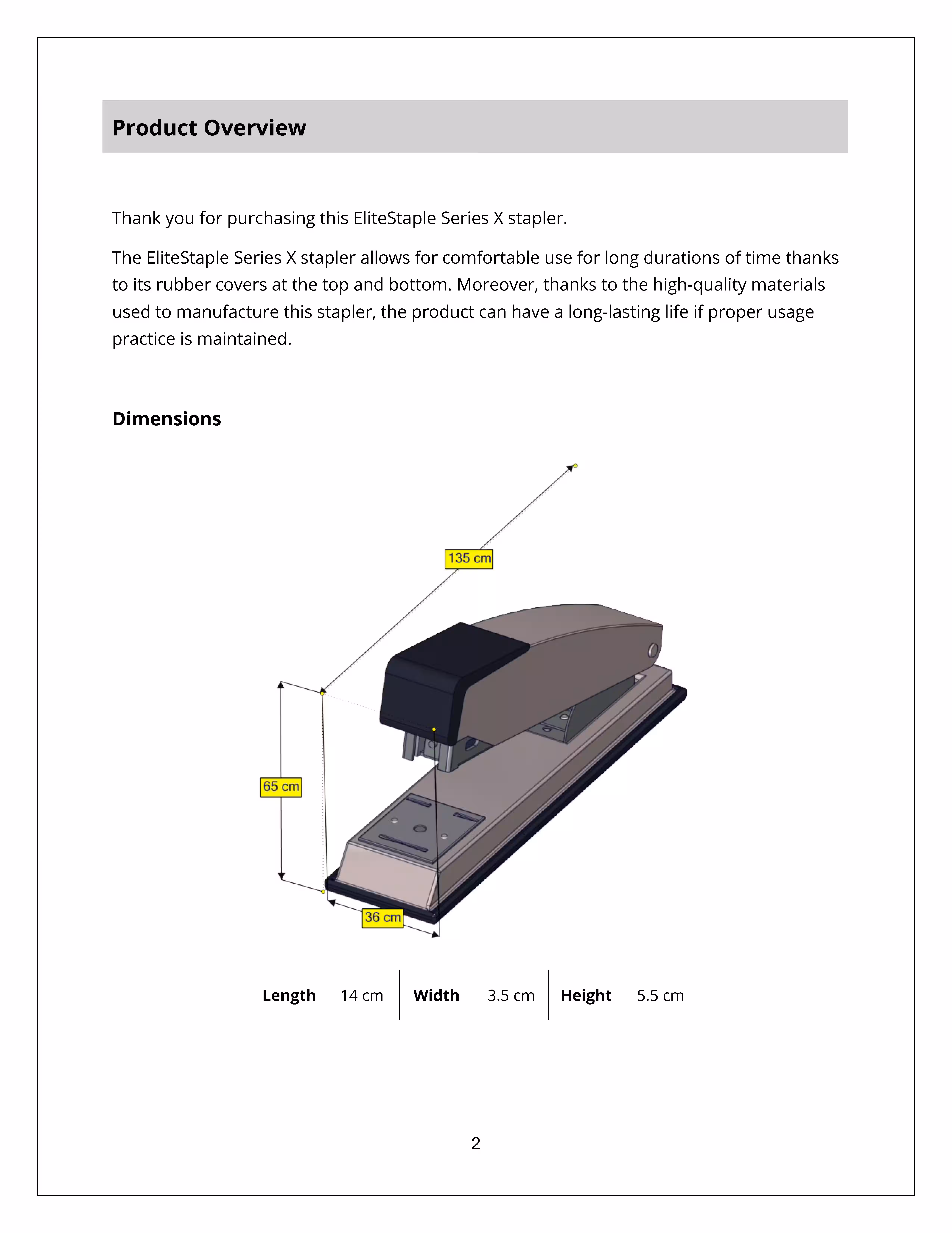An example product manual created for a generic stapler with long texts, CAD images, and document formatting. 