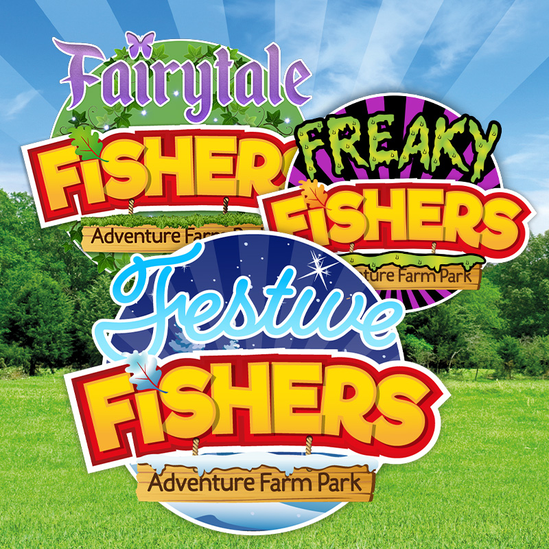 Graphic showing different Fishers Farm event logo lockups.