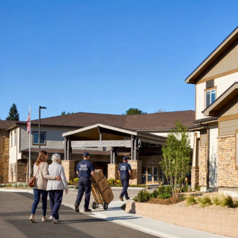 A senior resident and adult child arrive at Stonebridge while movers bring boxes into the community.