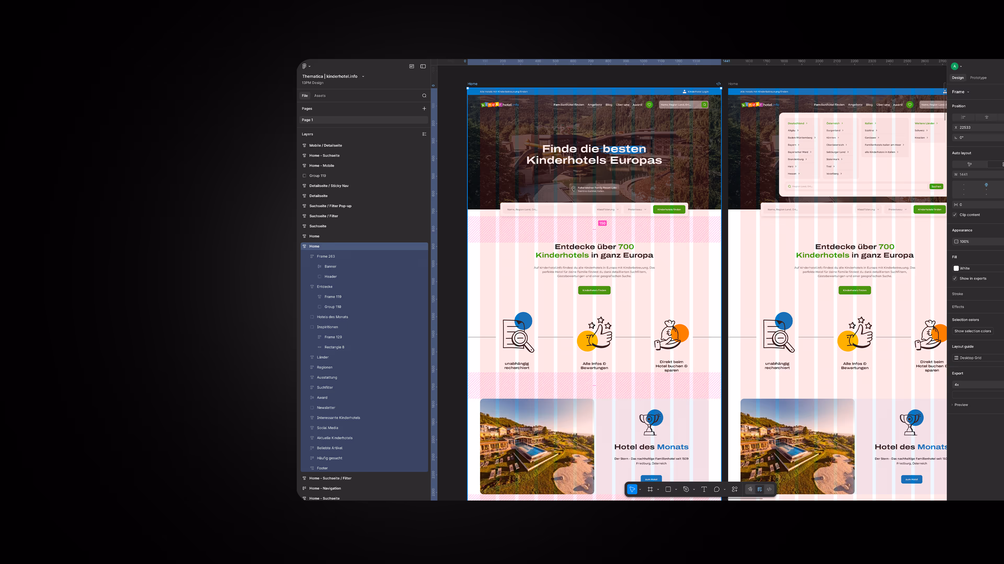 Figma-Design-Interface mit geöffnetem Projekt zur Suche und Anzeige der besten Kinderhotels in Europa, inklusive Suchfilter und Hotel des Monats.