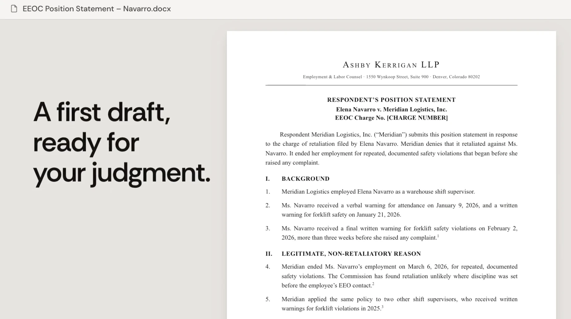 The finished position statement exported in the firm Word template