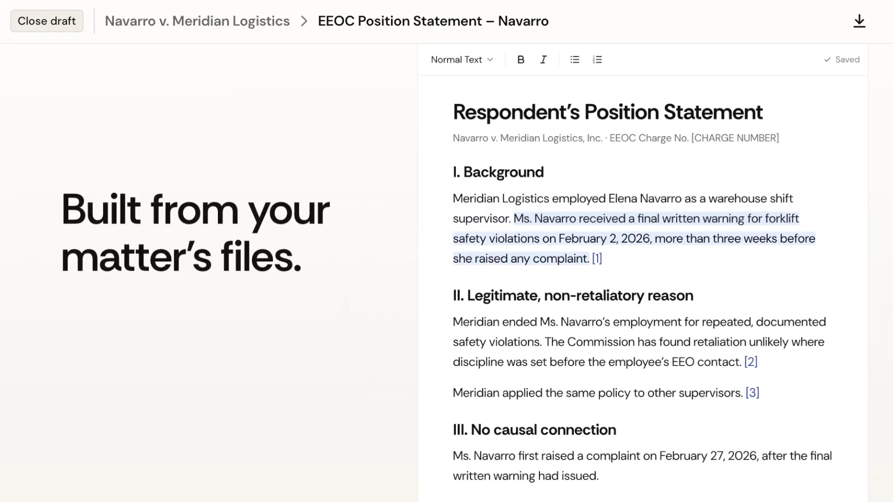 A Paxton position statement draft with a fact highlighted and linked to its source in the matter files