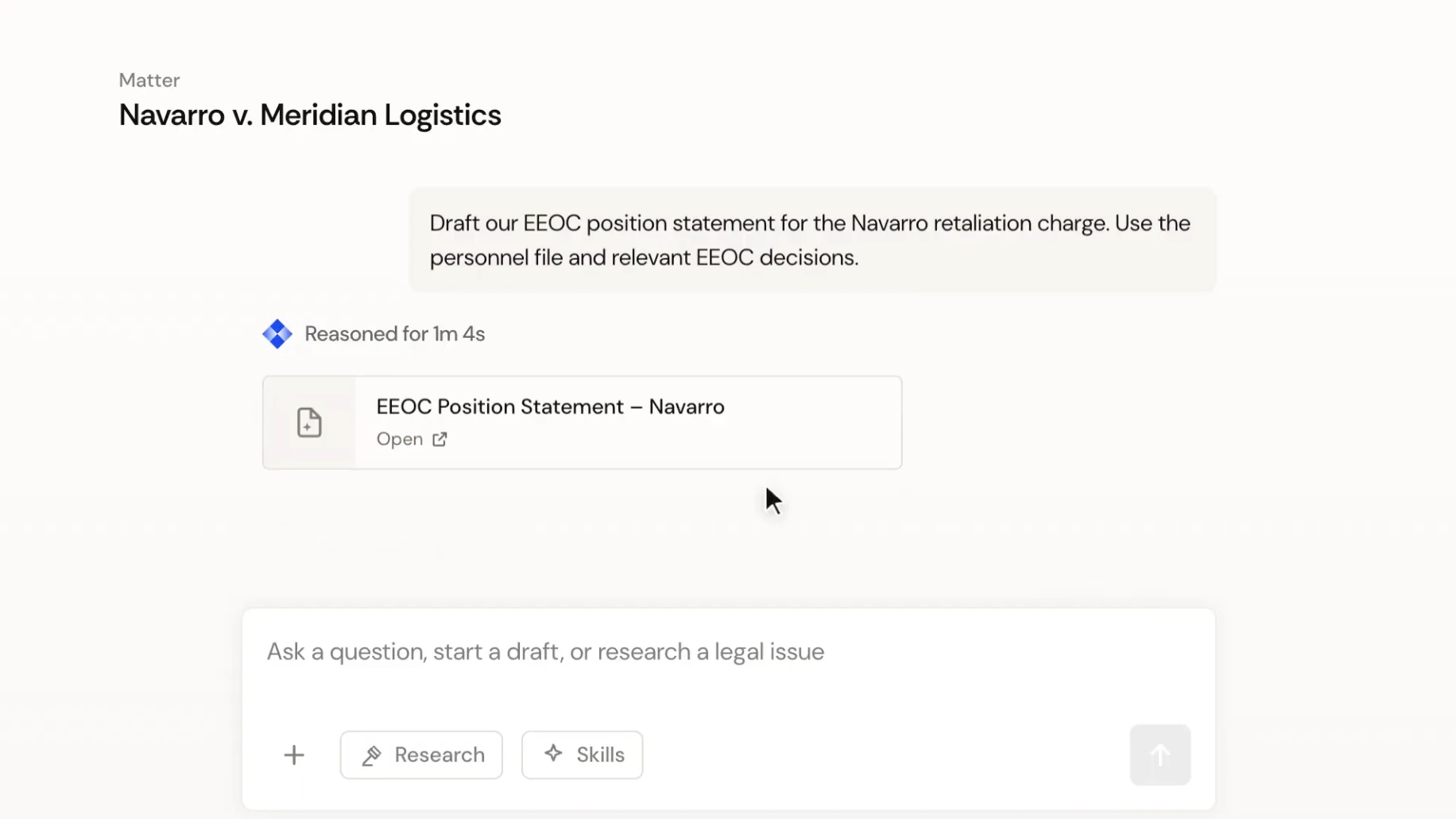 Asking Paxton to draft an EEOC position statement inside the Navarro v. Meridian Logistics matter