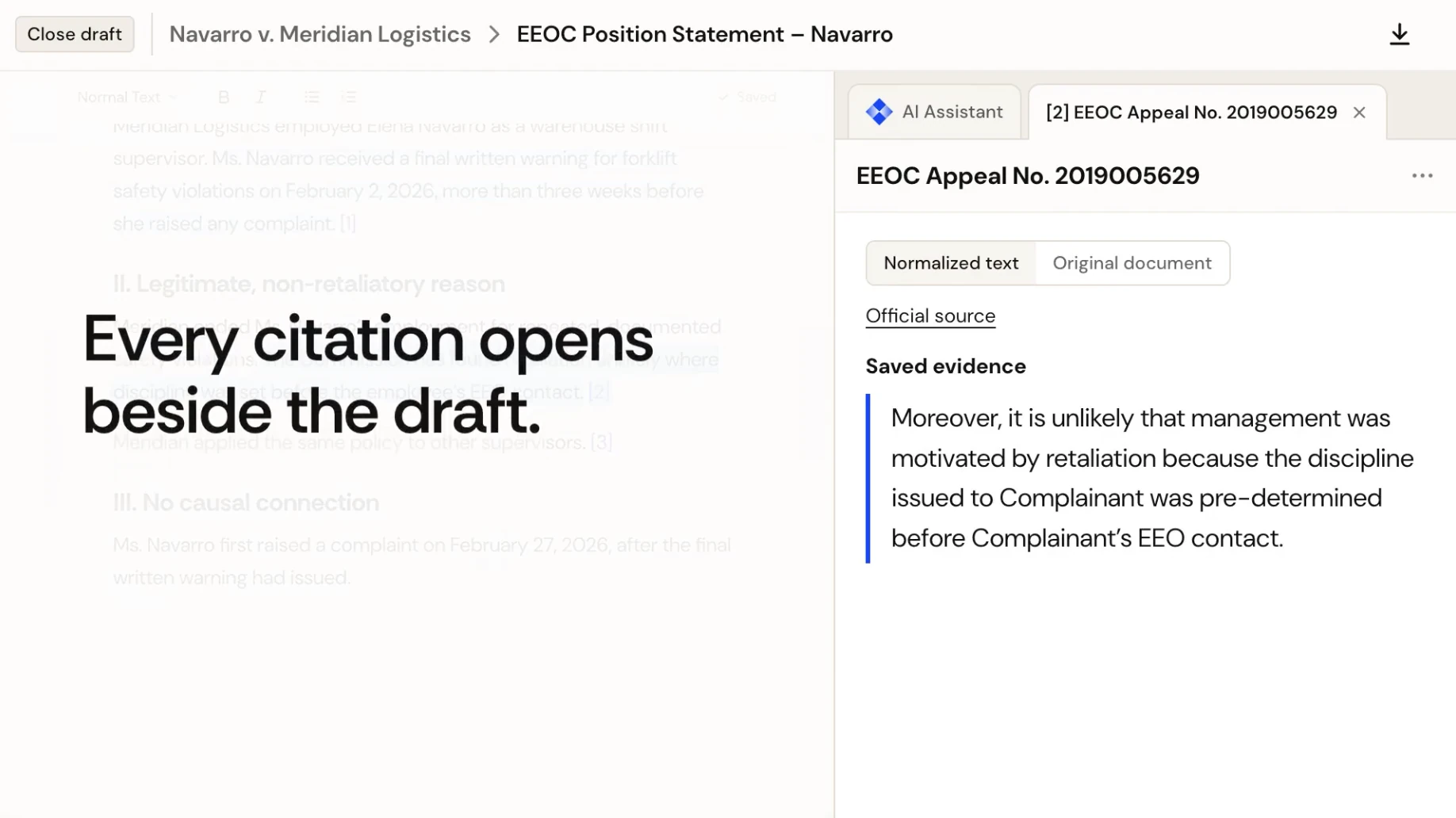 An EEOC appeal decision opened beside the draft, with the cited passage saved as evidence
