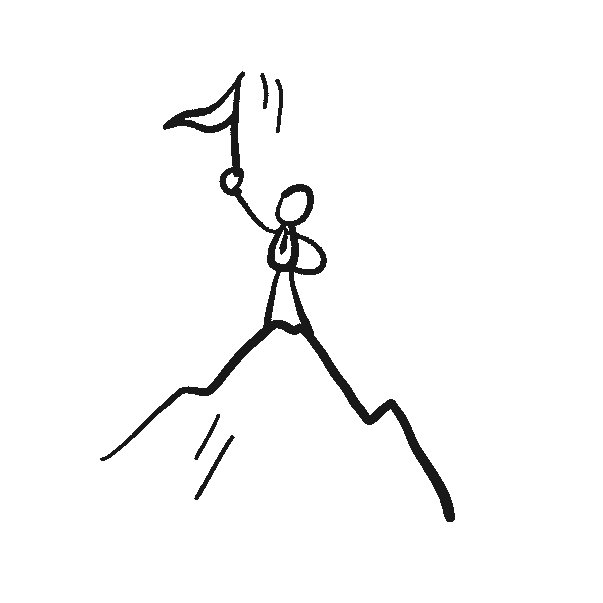 A businessman poses atop of a mountain, waving a flag signaling his success