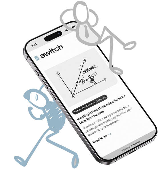 Smartphone displaying a Switch article titled 'Investing in Talent During Downturns for Long-Term Success' with a graph illustration and two stick figures around the phone.