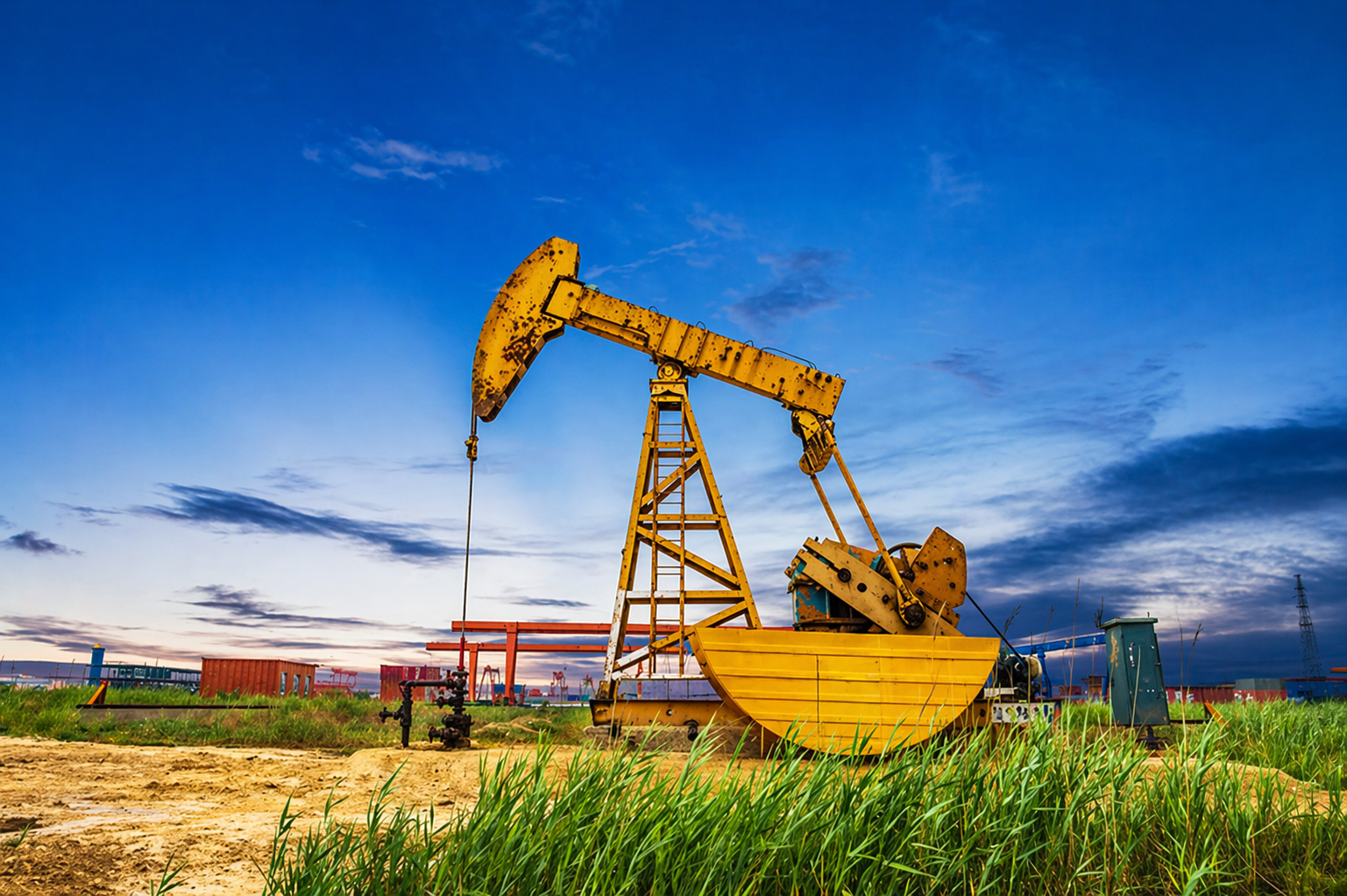Yellow oil pumpjack in a grassy field under a blue sky during sunset.