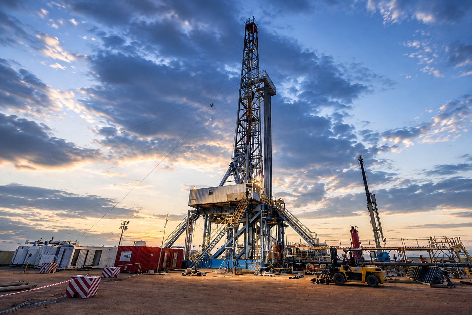 Silhouettes of oil pump jacks against an orange sunset sky with power lines in the background.