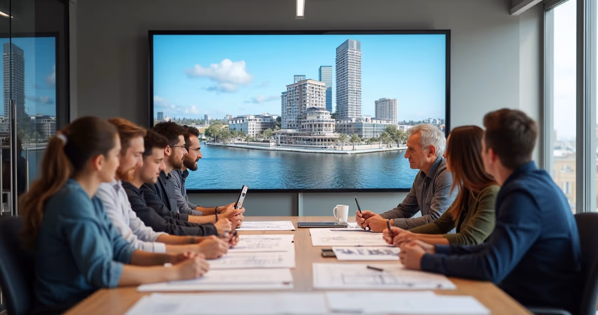 Equipe de arquitetura e engenharia em reunião de parceria