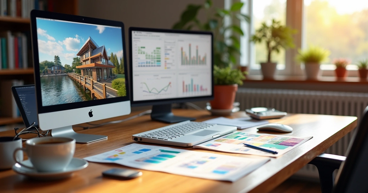 Ferramentas digitais para marketing imobiliário em uma mesa de trabalho 