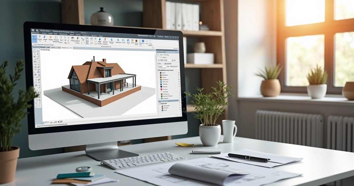 Plugins de renderização no SketchUp em uso em uma tela de computador 