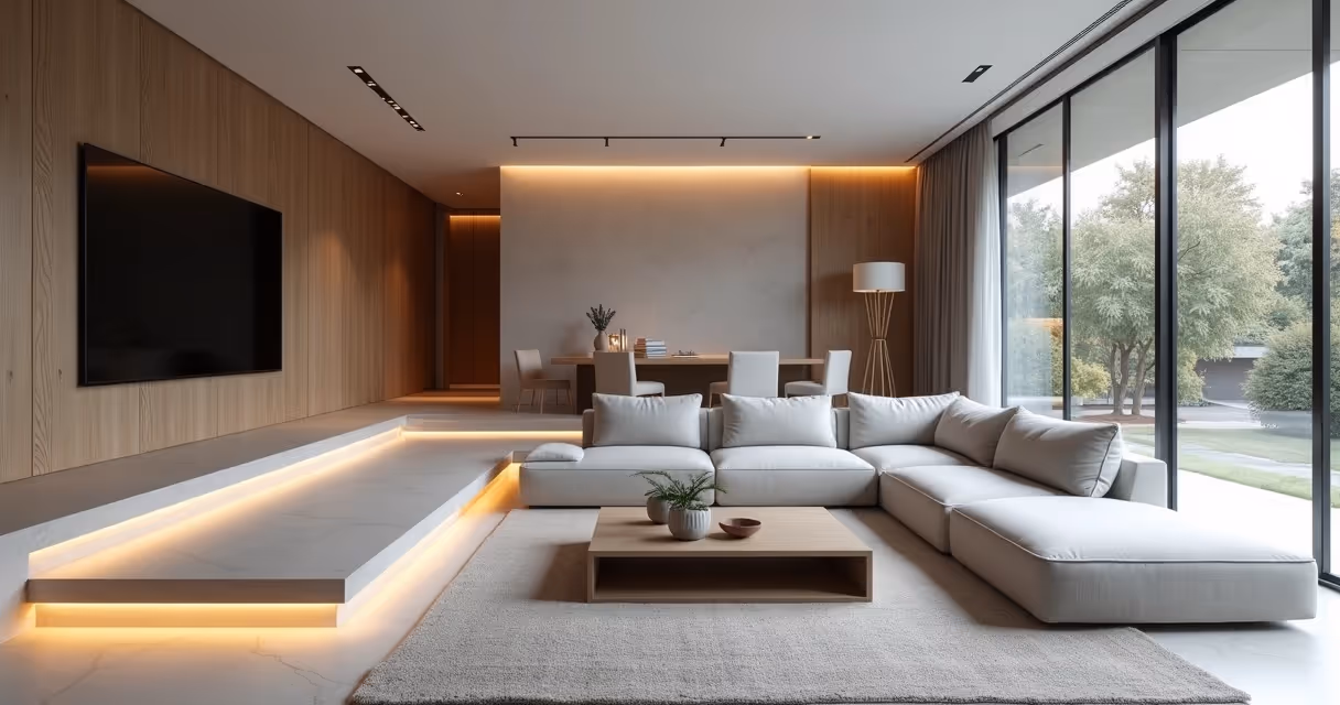 Sala rebaixada moderna minimalista com iluminação suave 