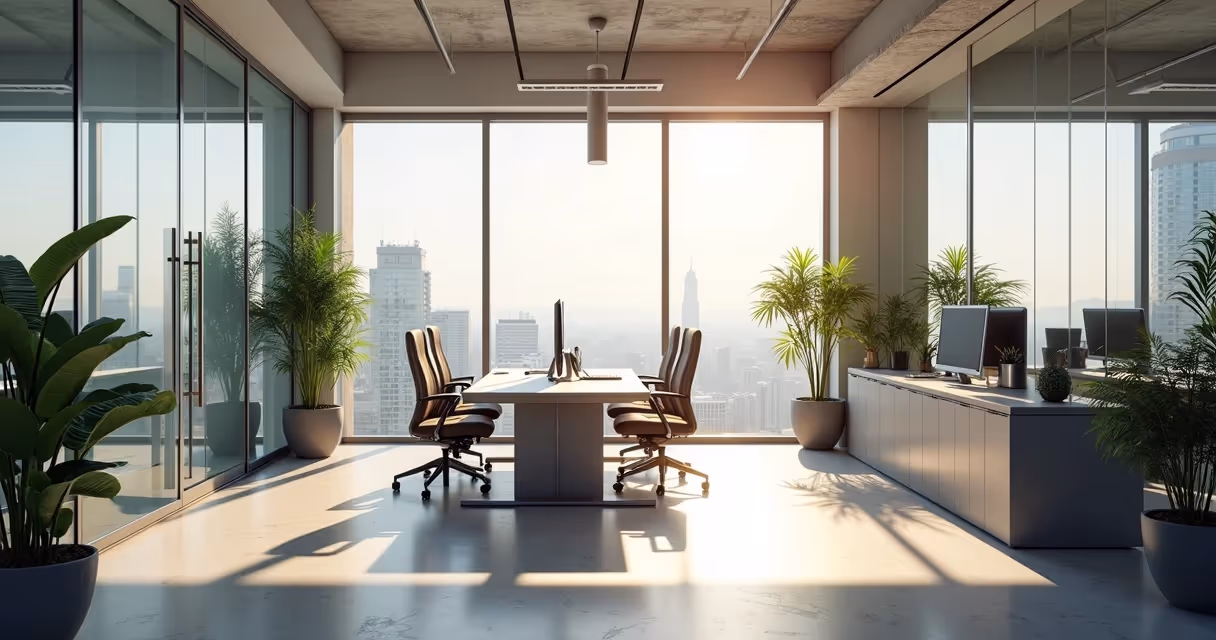 Escritório corporativo fotorrealista renderizado com luz natural 