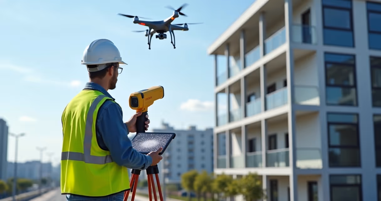 Profissional usando scanner 3D e drone em levantamento de prédio 