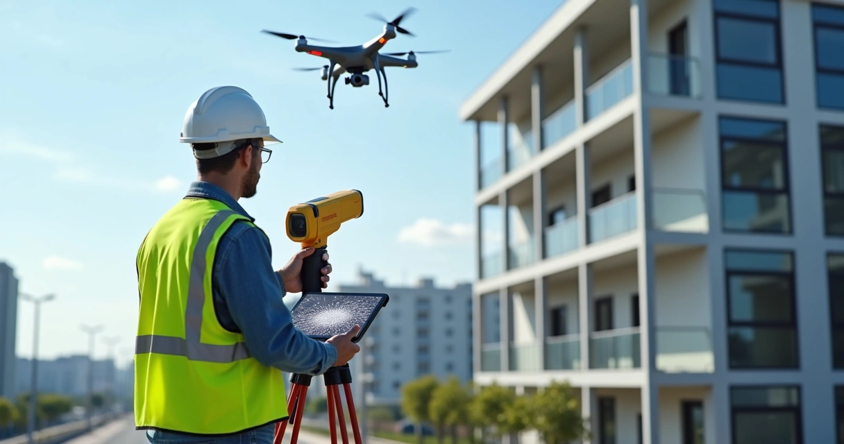 Profissional usando scanner 3D e drone em levantamento de prédio 