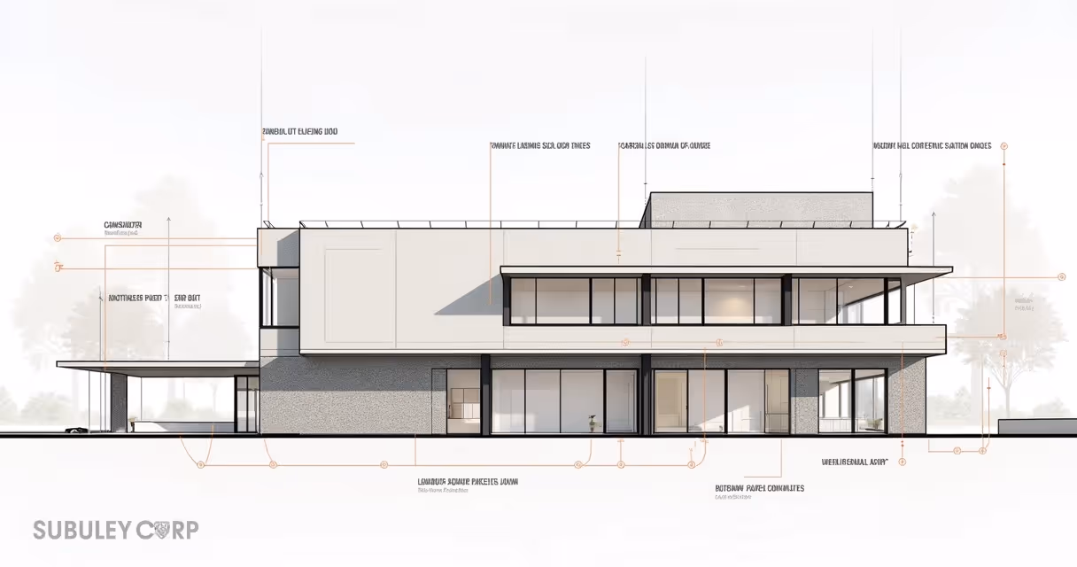 Elevação de fachada com detalhes construtivos