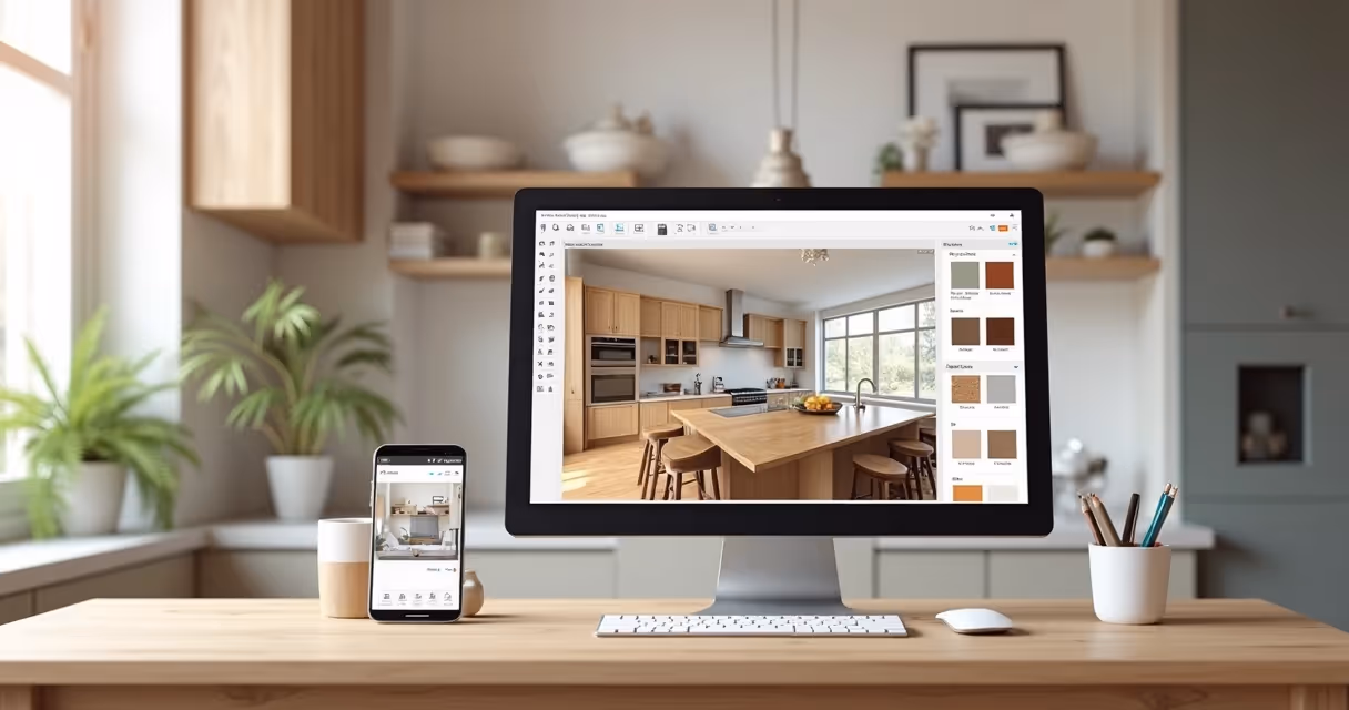 Interface de SketchUp e Promob mostrando projeto de interiores