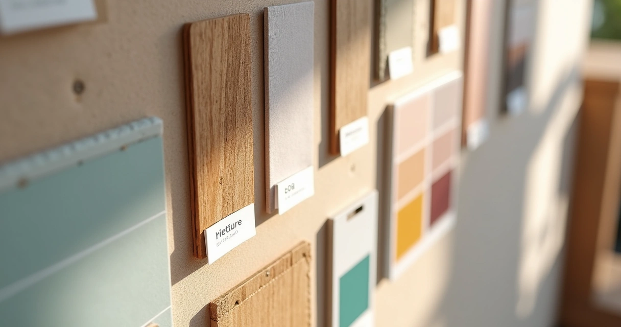 Painel de moodboard com texturas, amostras de madeira e paleta de cores 
