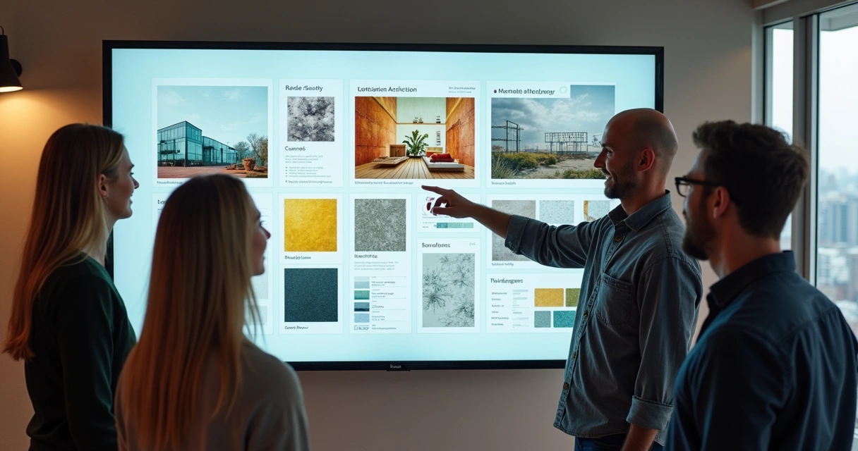 Equipe de arquitetura reunida discutindo um moodboard digital em tela grande 