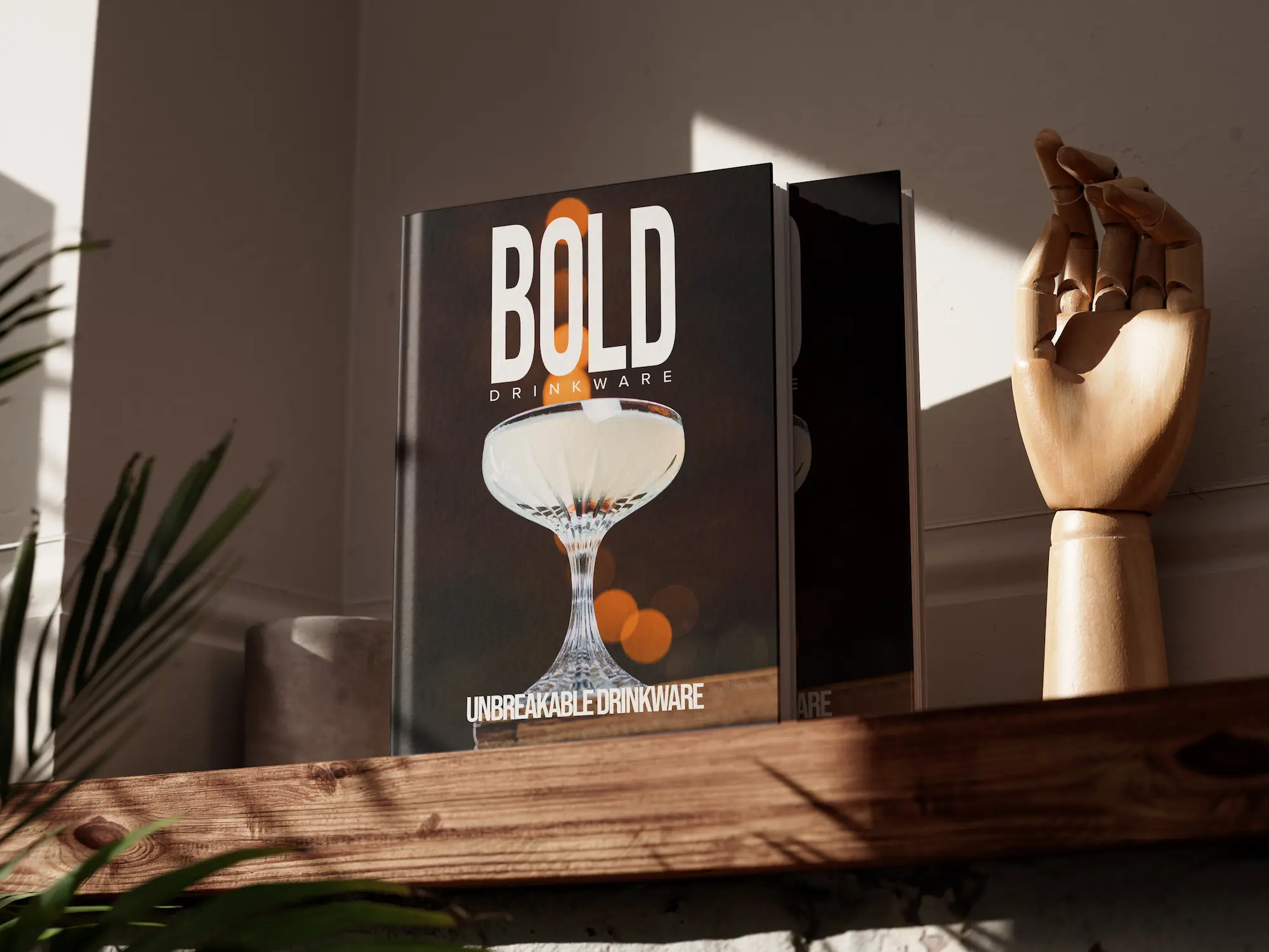 Bold Drinkware Catalog on a shelf in cinematic light