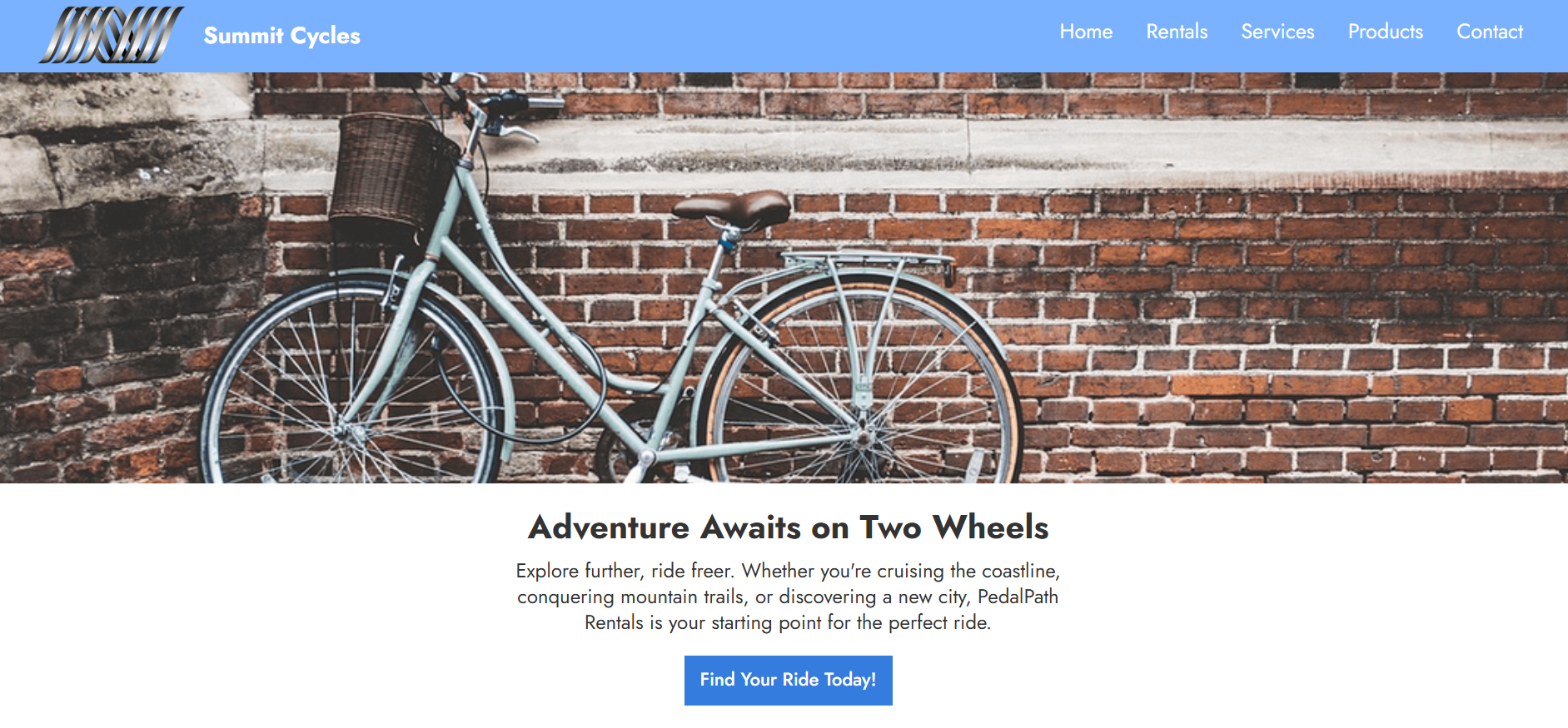 Light blue bicycle with brown seat and front basket parked against a red brick wall.