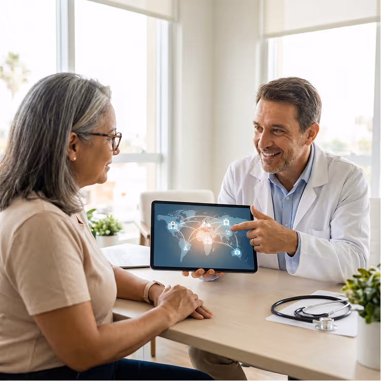 Doctor in a white coat showing a tablet with a global healthcare network map to a middle-aged woman in an office setting.
