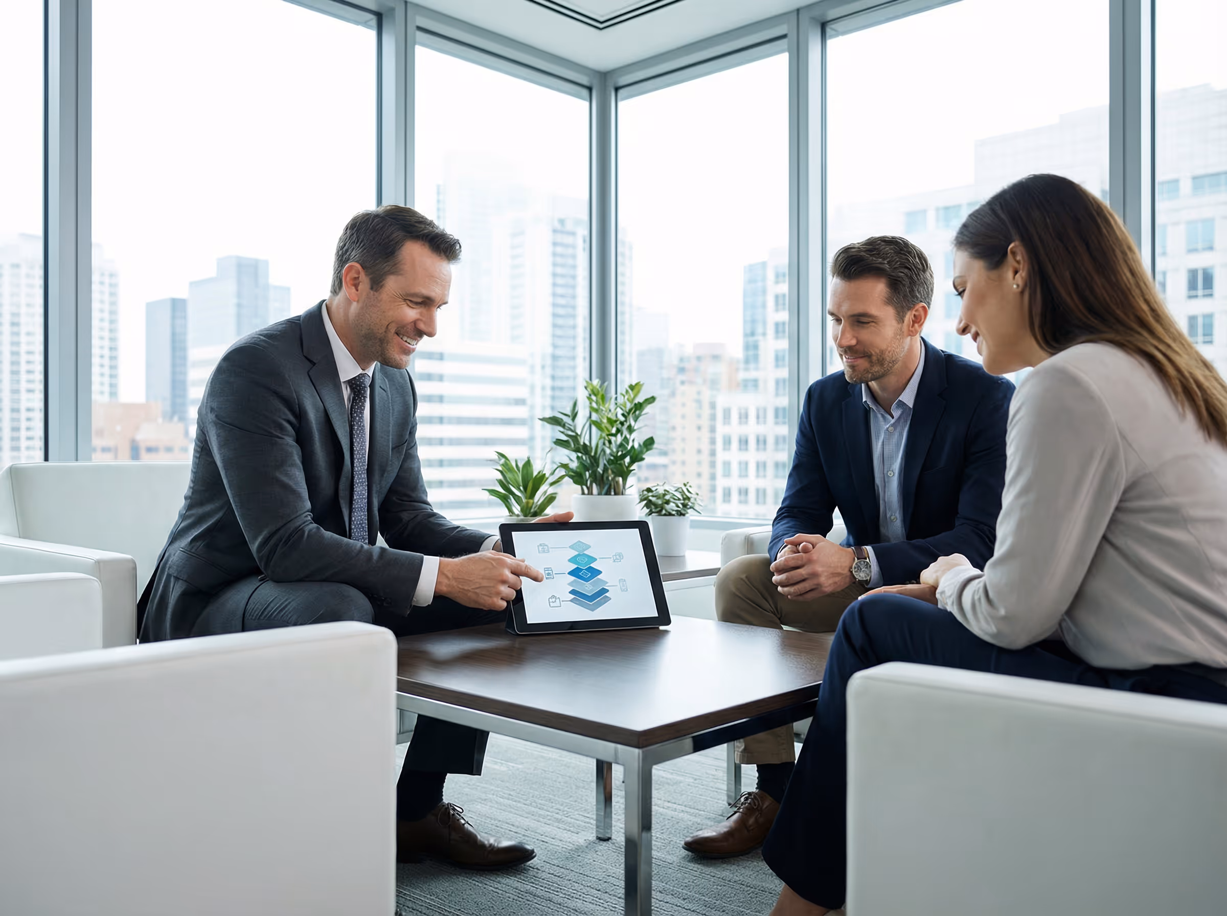 Três pessoas em uma reunião de negócios em um escritório moderno, com um homem mostrando um gráfico em um tablet.