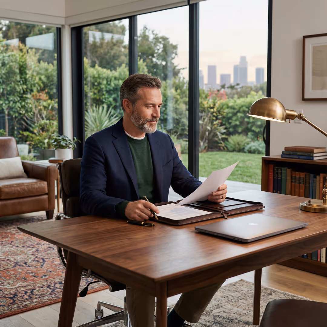 Homem de terno azul sentado à mesa de madeira em escritório moderno, lendo um documento com paisagem verde visível pelas janelas atrás.