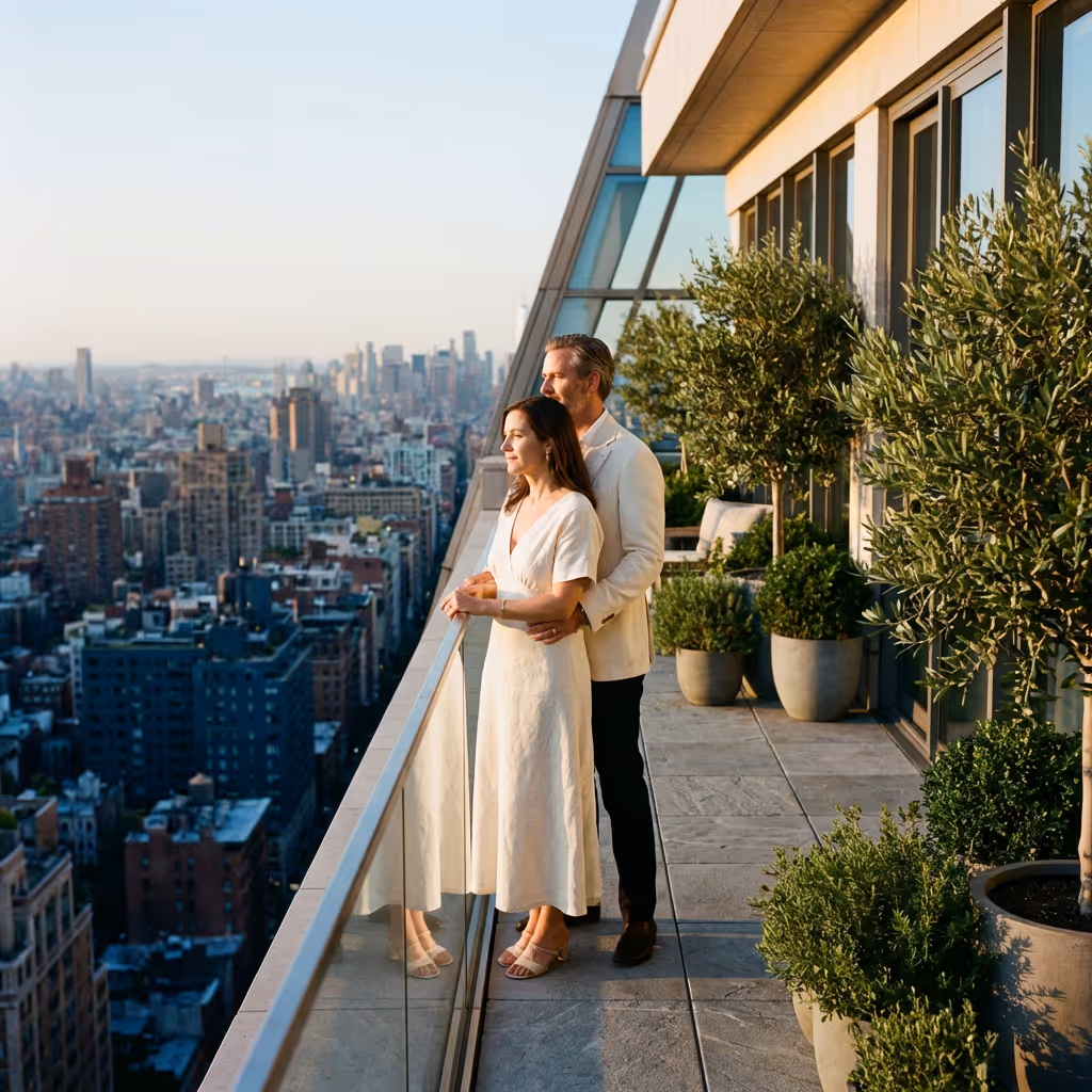 Casal elegante em um terraço com decoração verde, admirando a vista panorâmica da cidade ao entardecer.