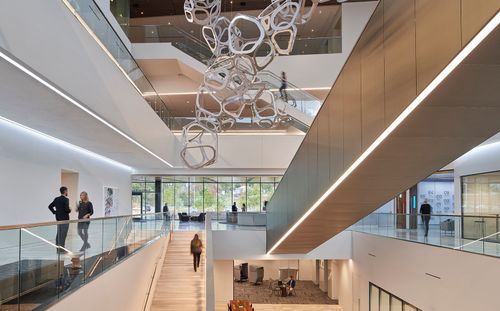The interior of a modern workplace.