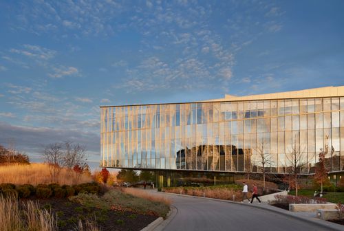 Engagement Center building with surrounding autumn colored landscape.