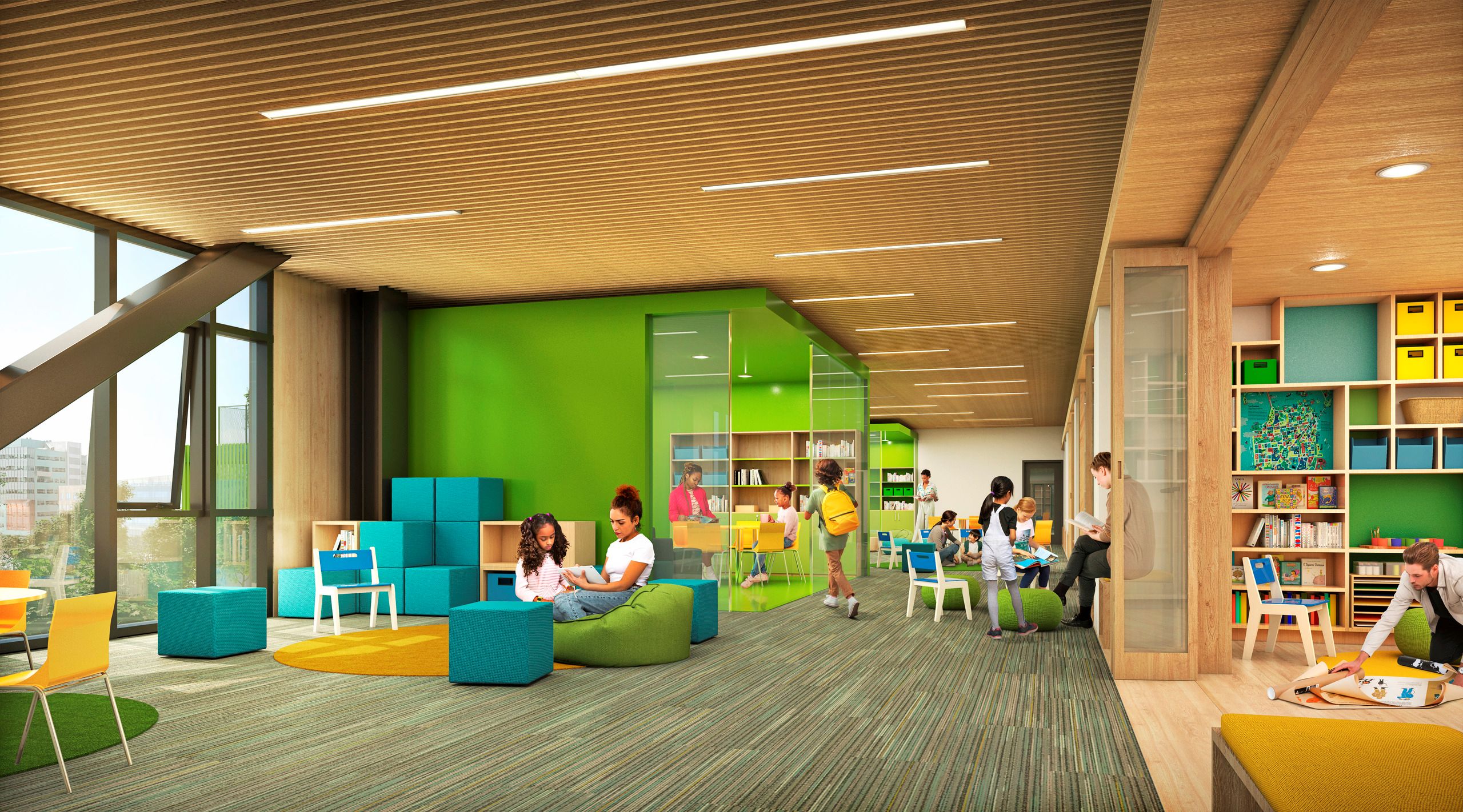 Learning nook with large window, students and teachers.