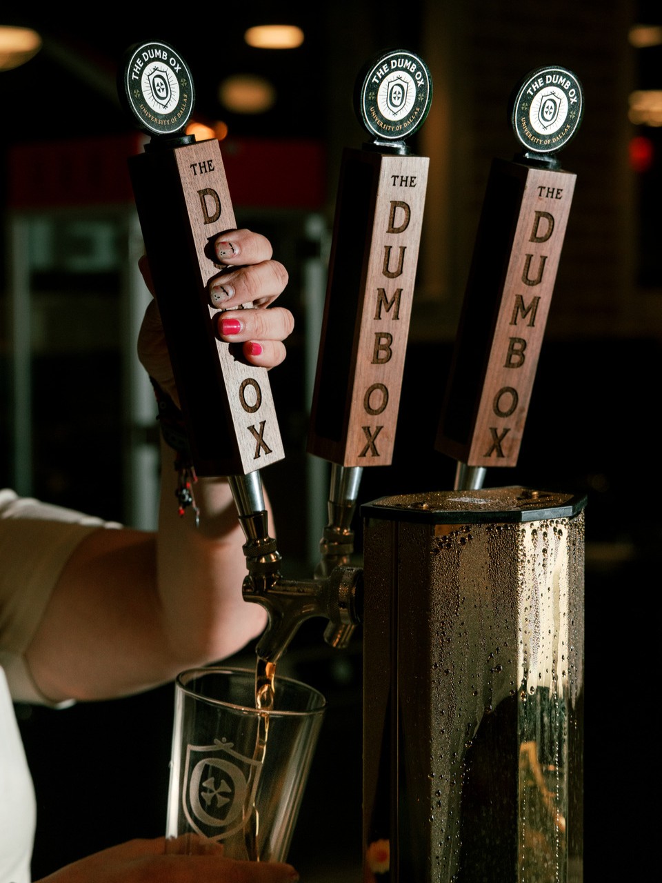 The Dumb Ox logo adorns the pub's beer taps. 
