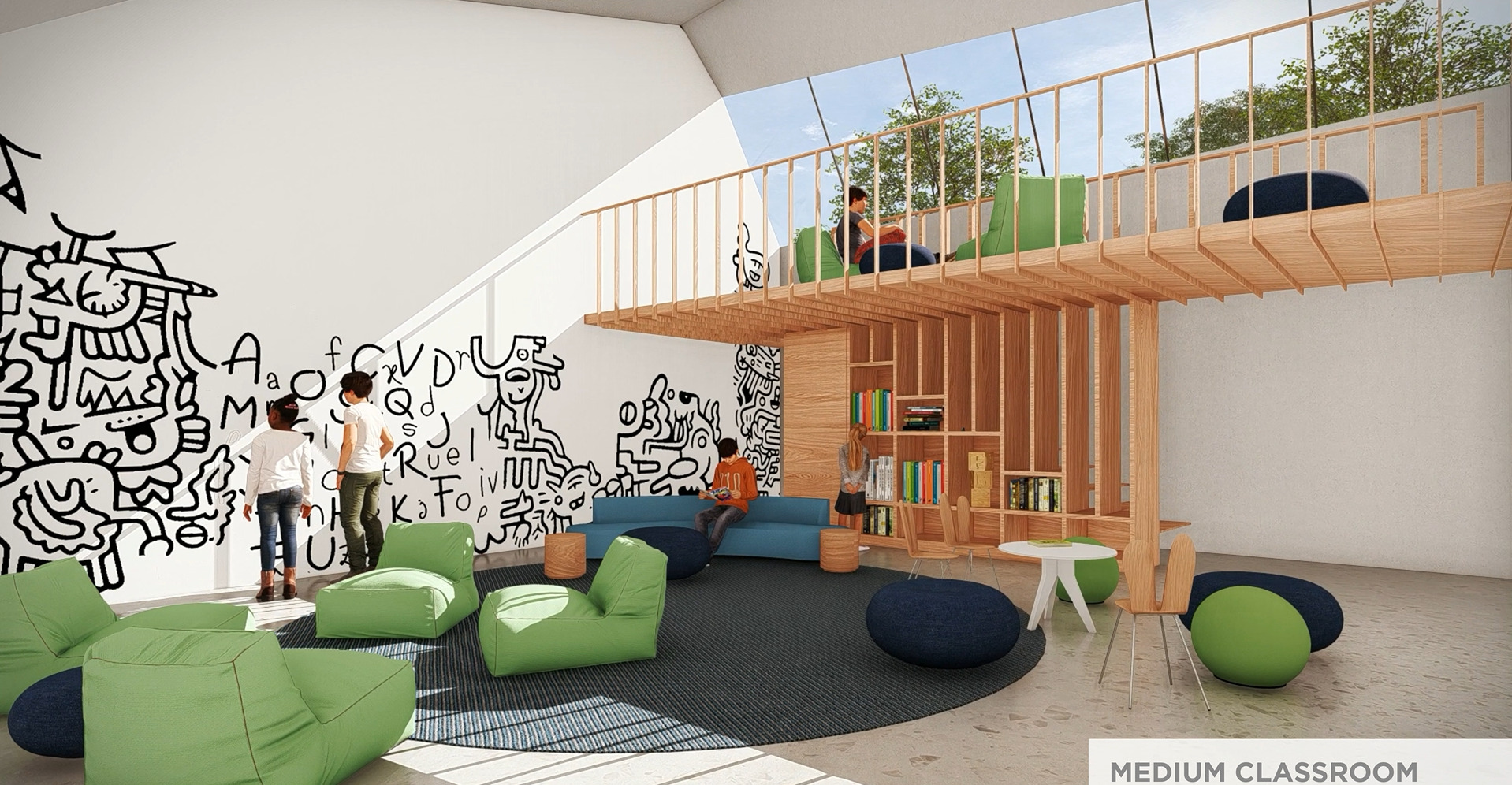 A render shows a medium classroom in the New Mexico Literacy Institute, featuring an elevated catwalk.