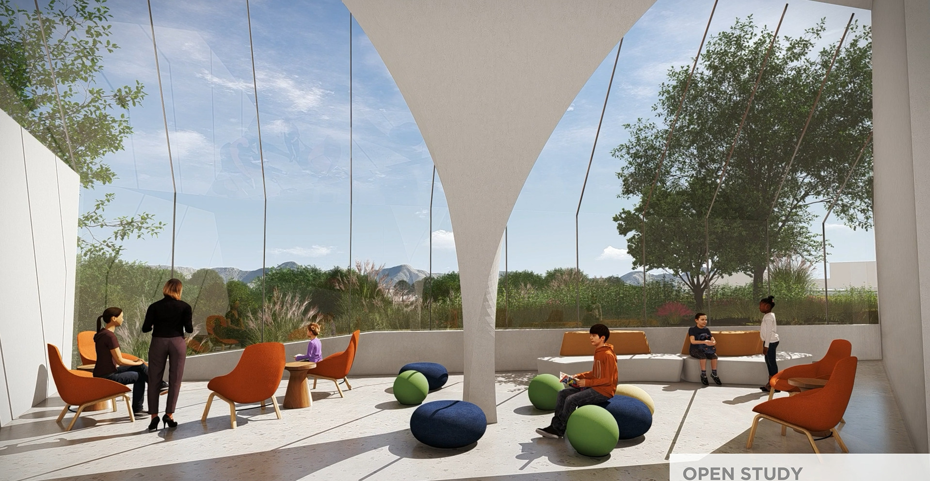 A render shows an open study space at the New Mexico Literacy Institute, featuring floor-to-ceiling windows.