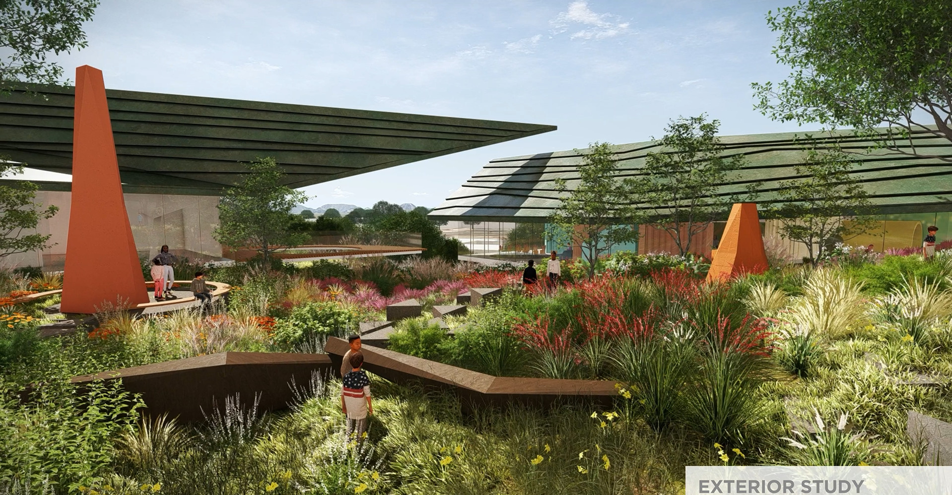 The central courtyard at the New Mexico Literacy Institute features native plants and natural landscapes.