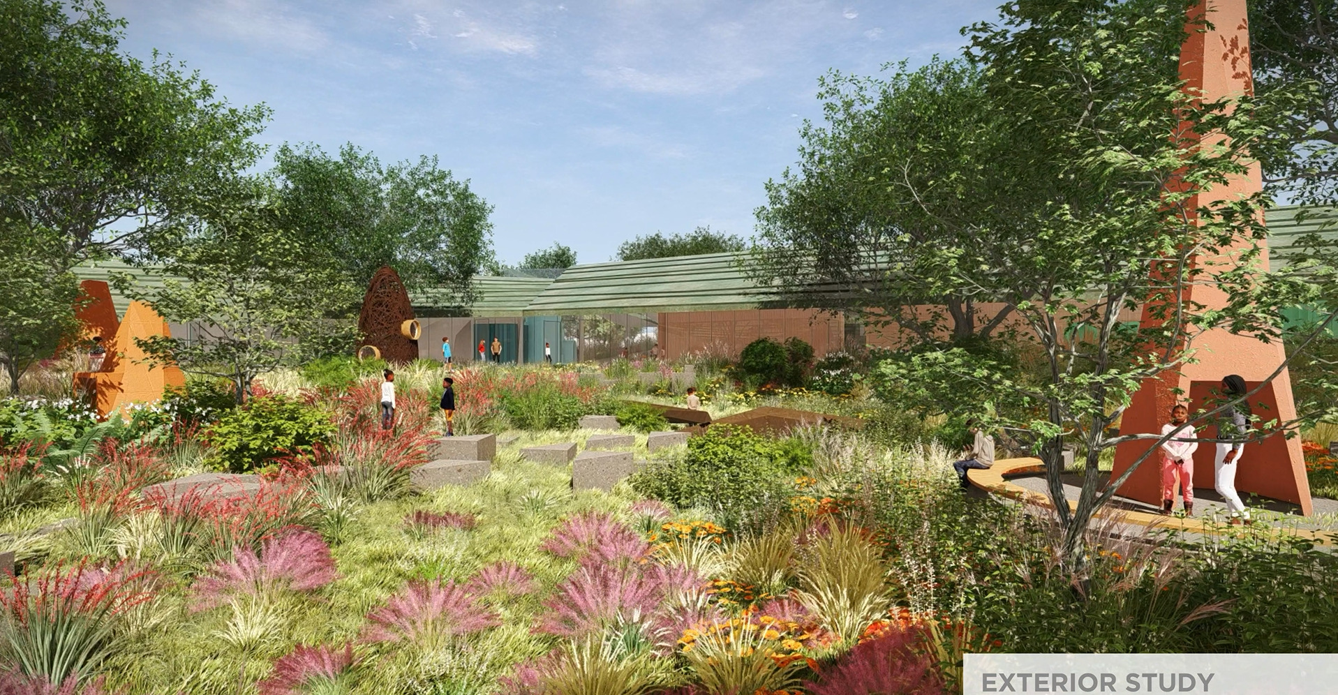 The central courtyard at the New Mexico Literacy Institute features native plants and natural landscapes.