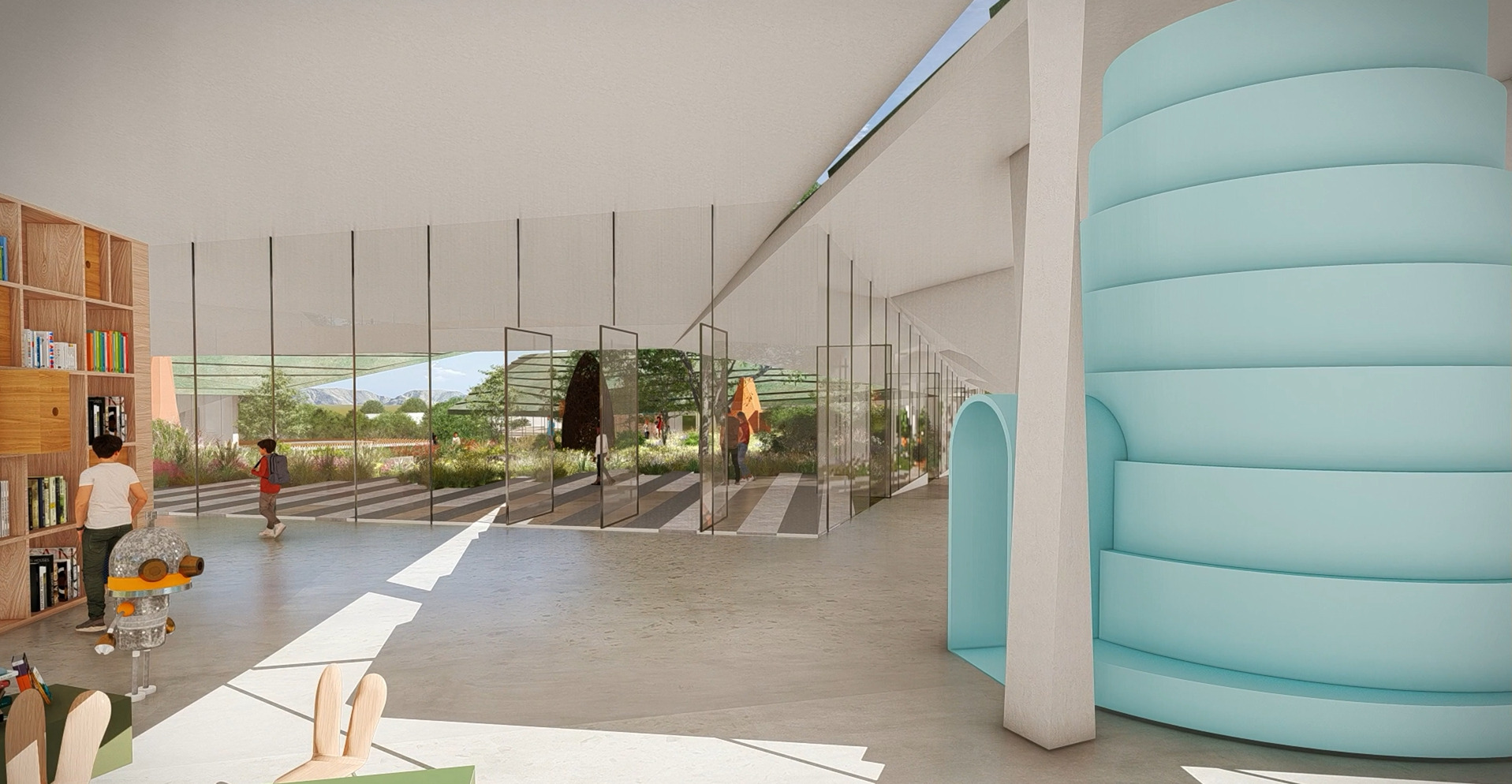 An open study space at the New Mexico Literacy Center provides seamless views to the exterior courtyard.