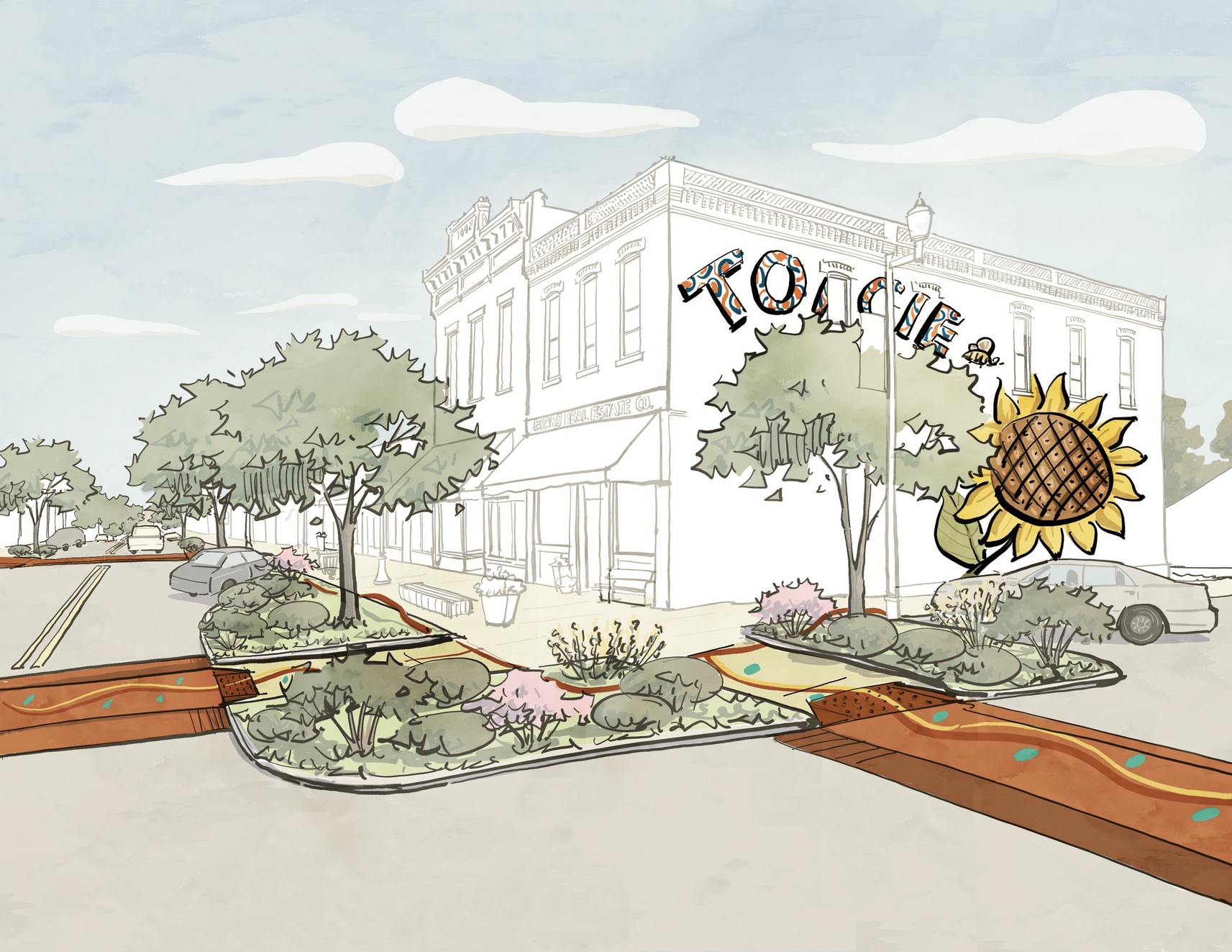An illustrative sketch imagines the addition of built-out curbs featuring landscaping and graphic wayfinding. 