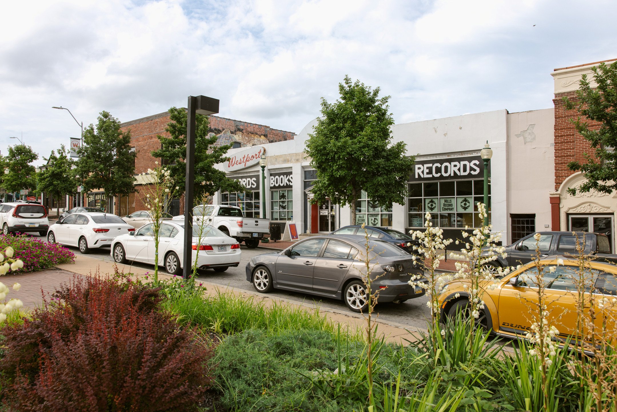 Parked cars are linked up in front of storefronts, with lush landscaping in the foreground.