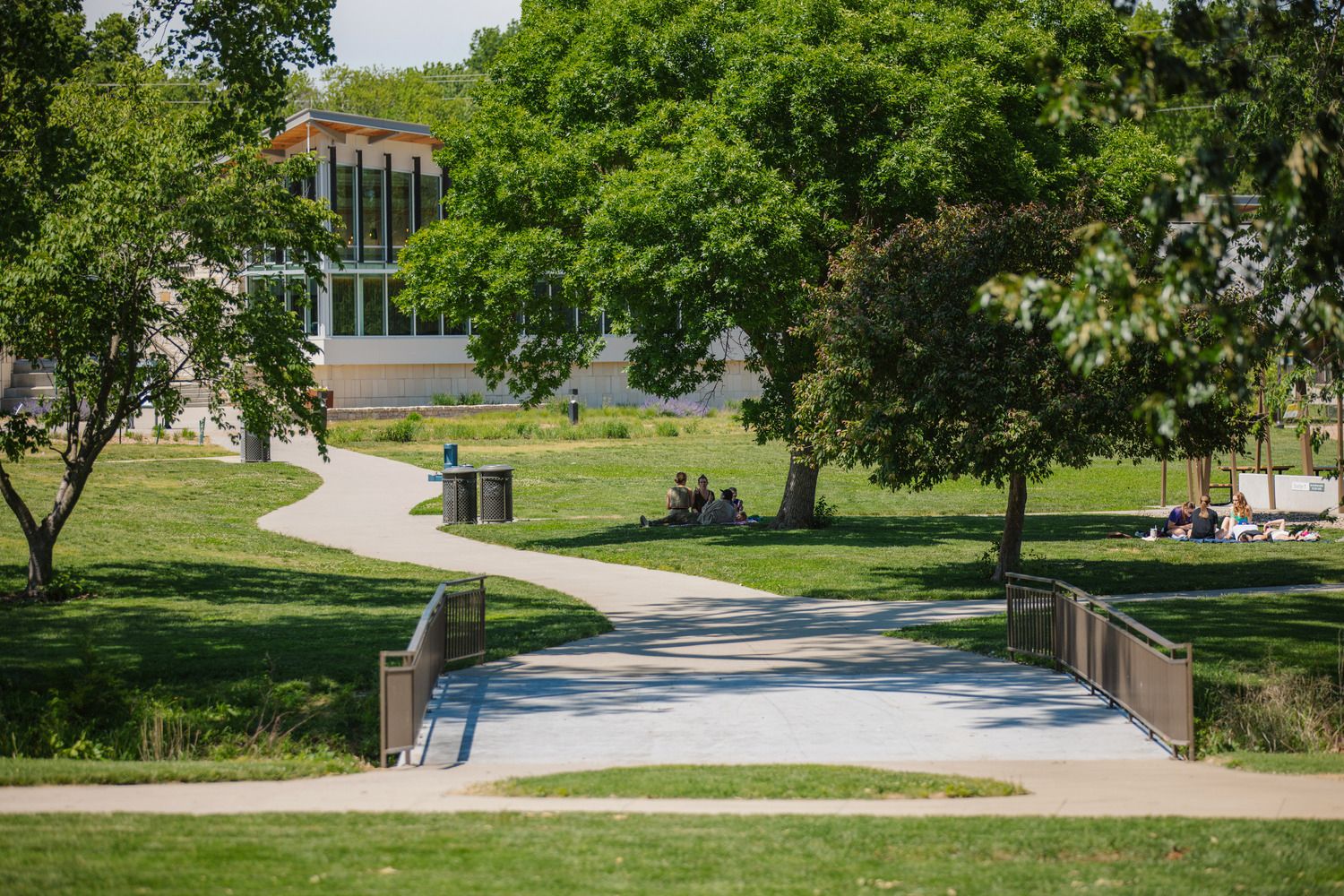 Park guests enjoy picnics and lounging under trees. 