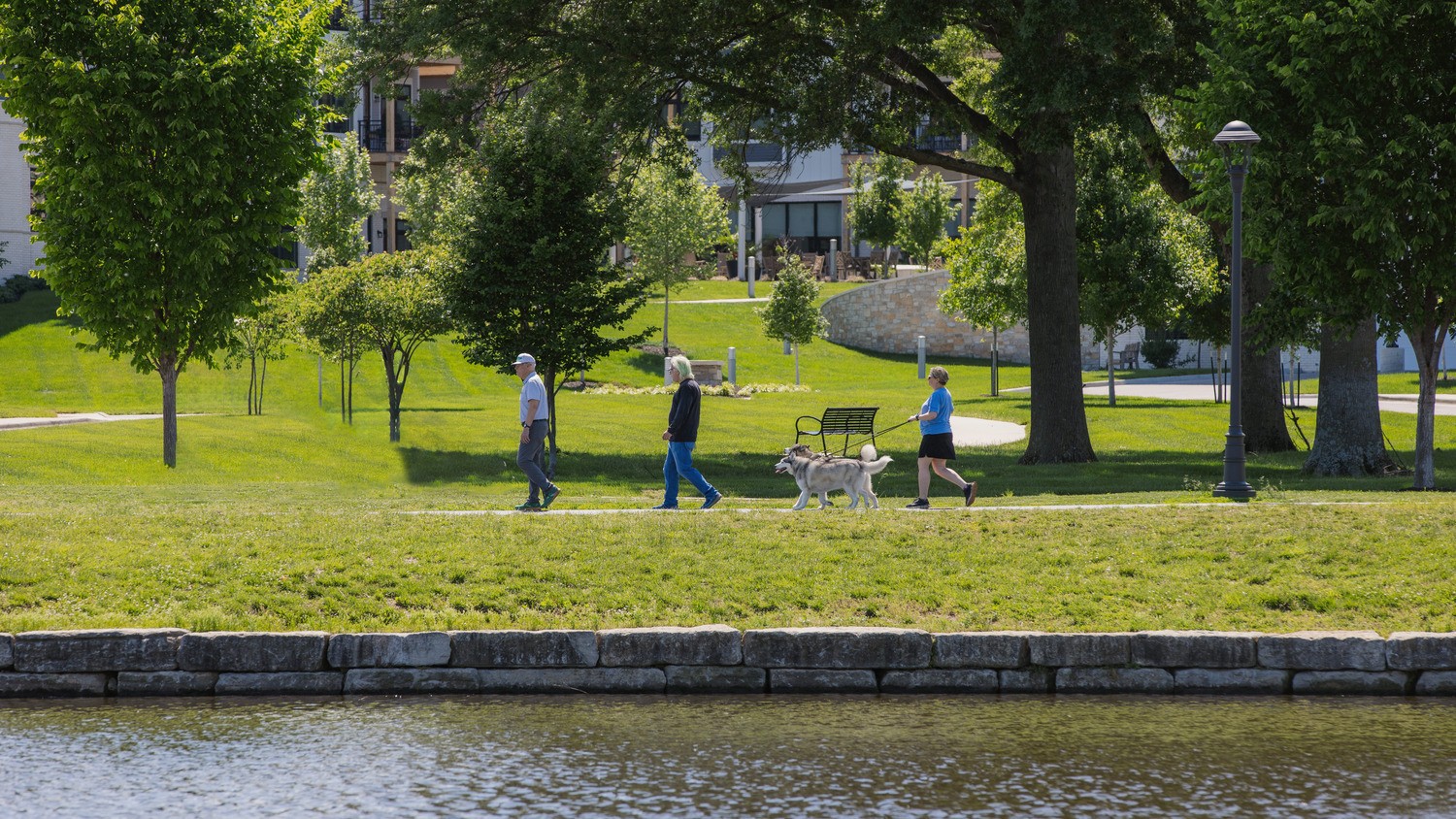 Residents stroll on a path next to a pond in a tree-filled park. 