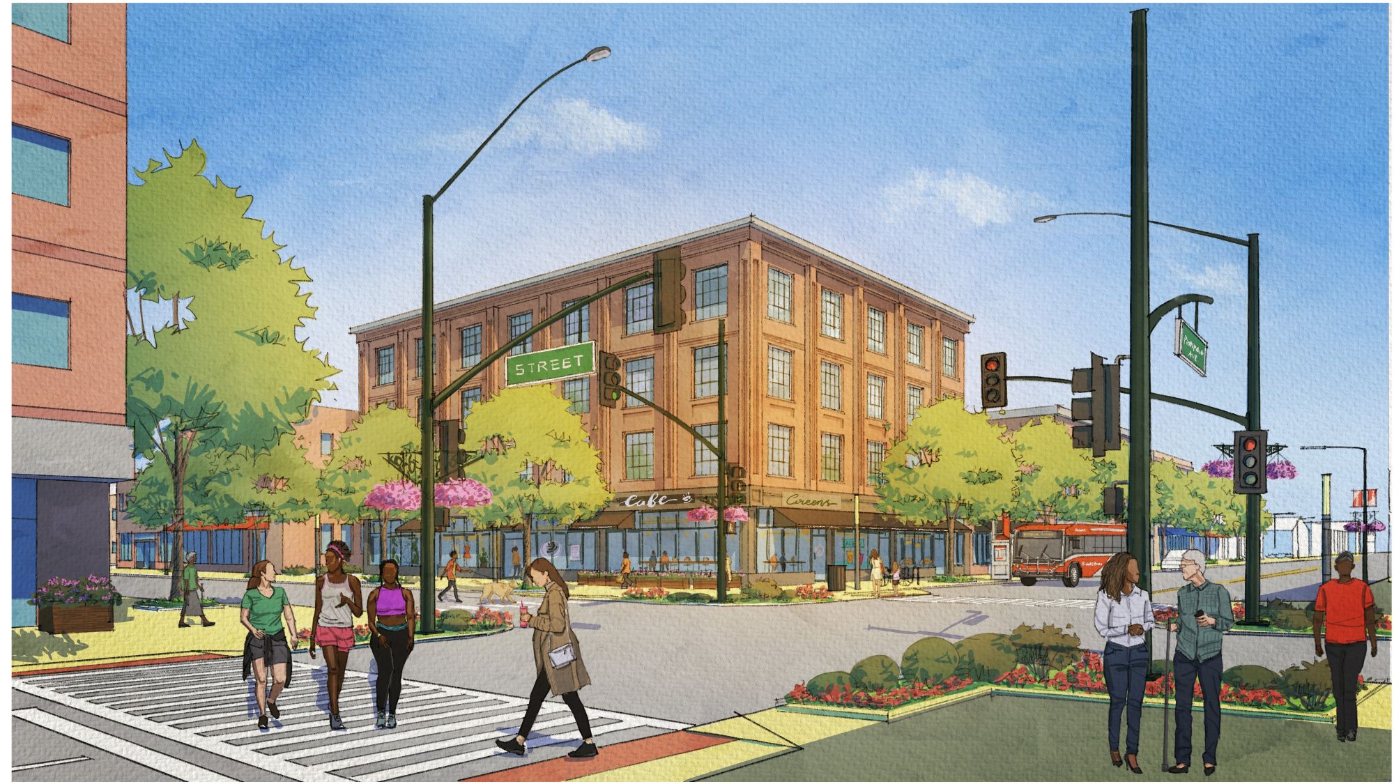 An illustration shows residents walking on a mixed-use neighborhood street. 