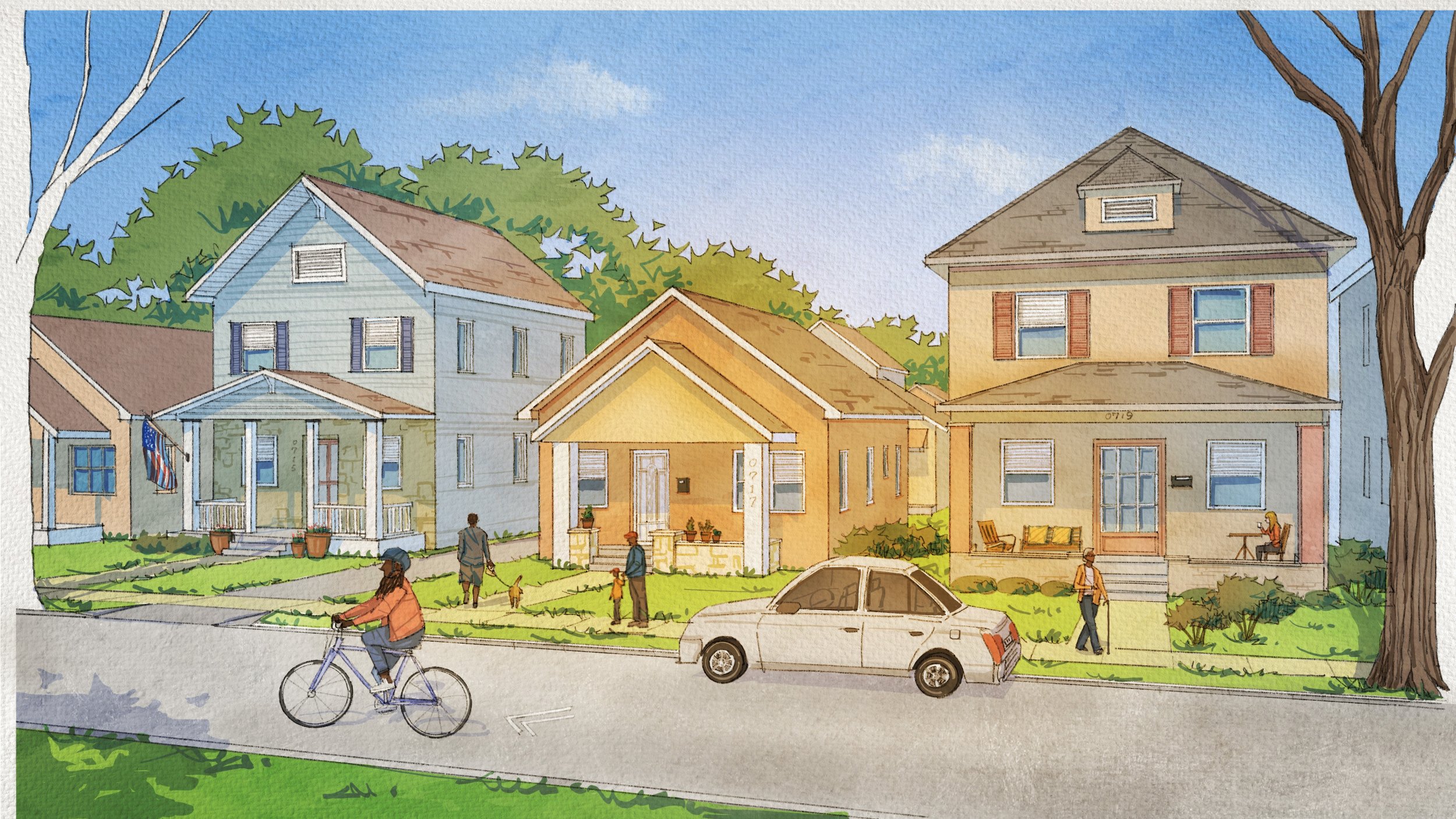 An illustration shows residents riding bikes, walking dogs, and enjoying front porches on a neighborhood street. 