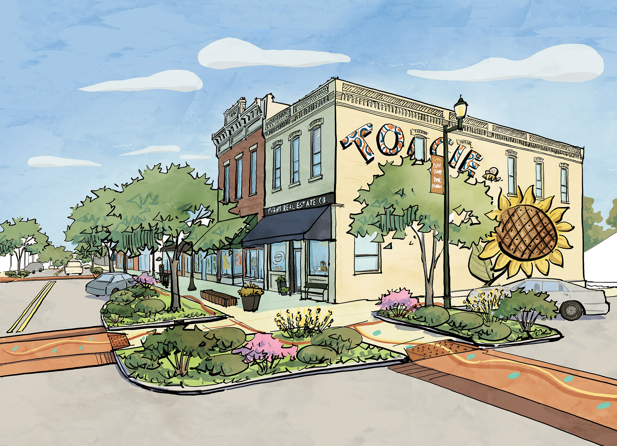 An illustration shows a brick building on a corner with built-out curbs featuring landscaping and graphic wayfinding. 