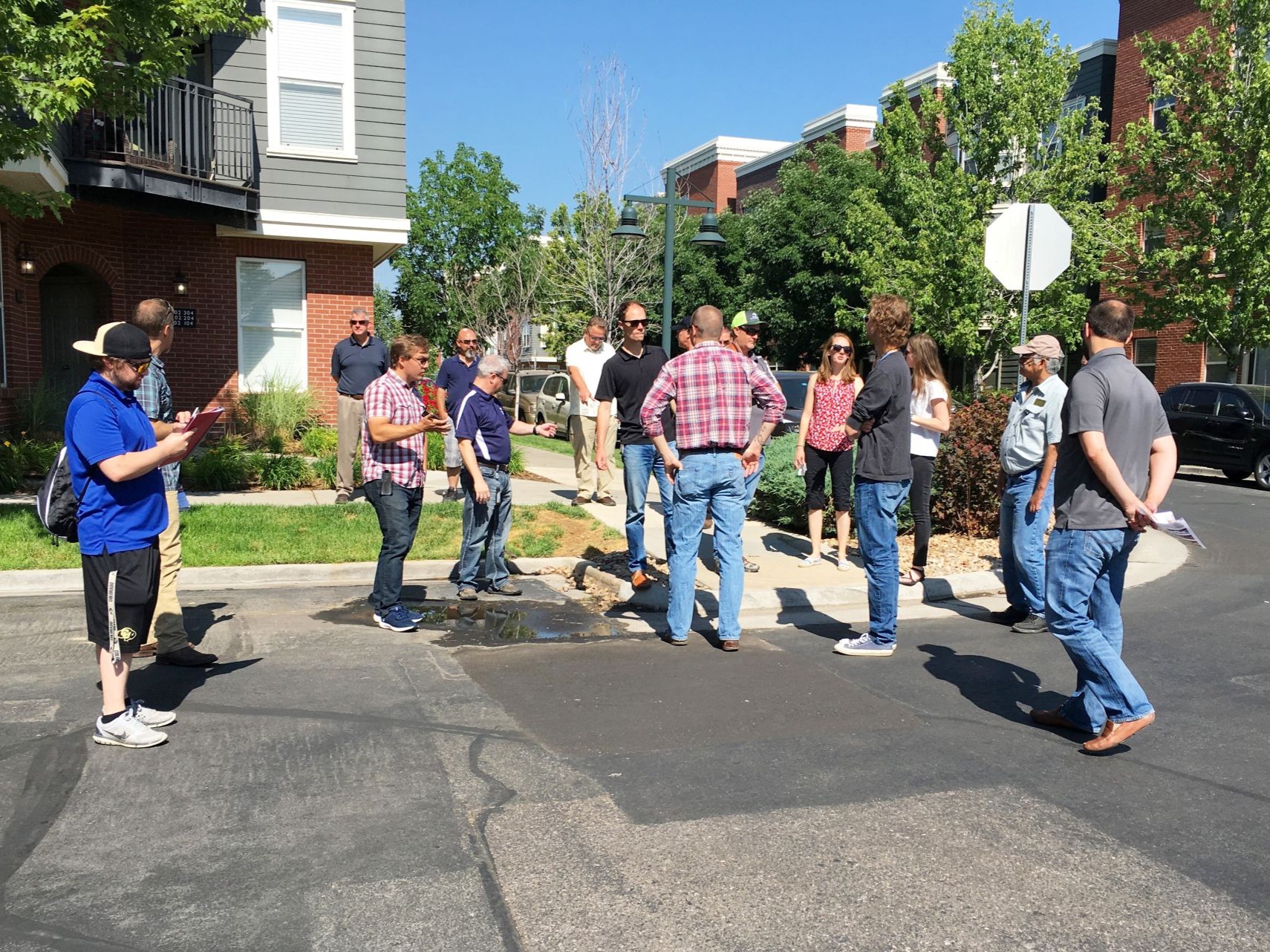 A group of people gather in front of a block of apartment buildings on a sunny day.