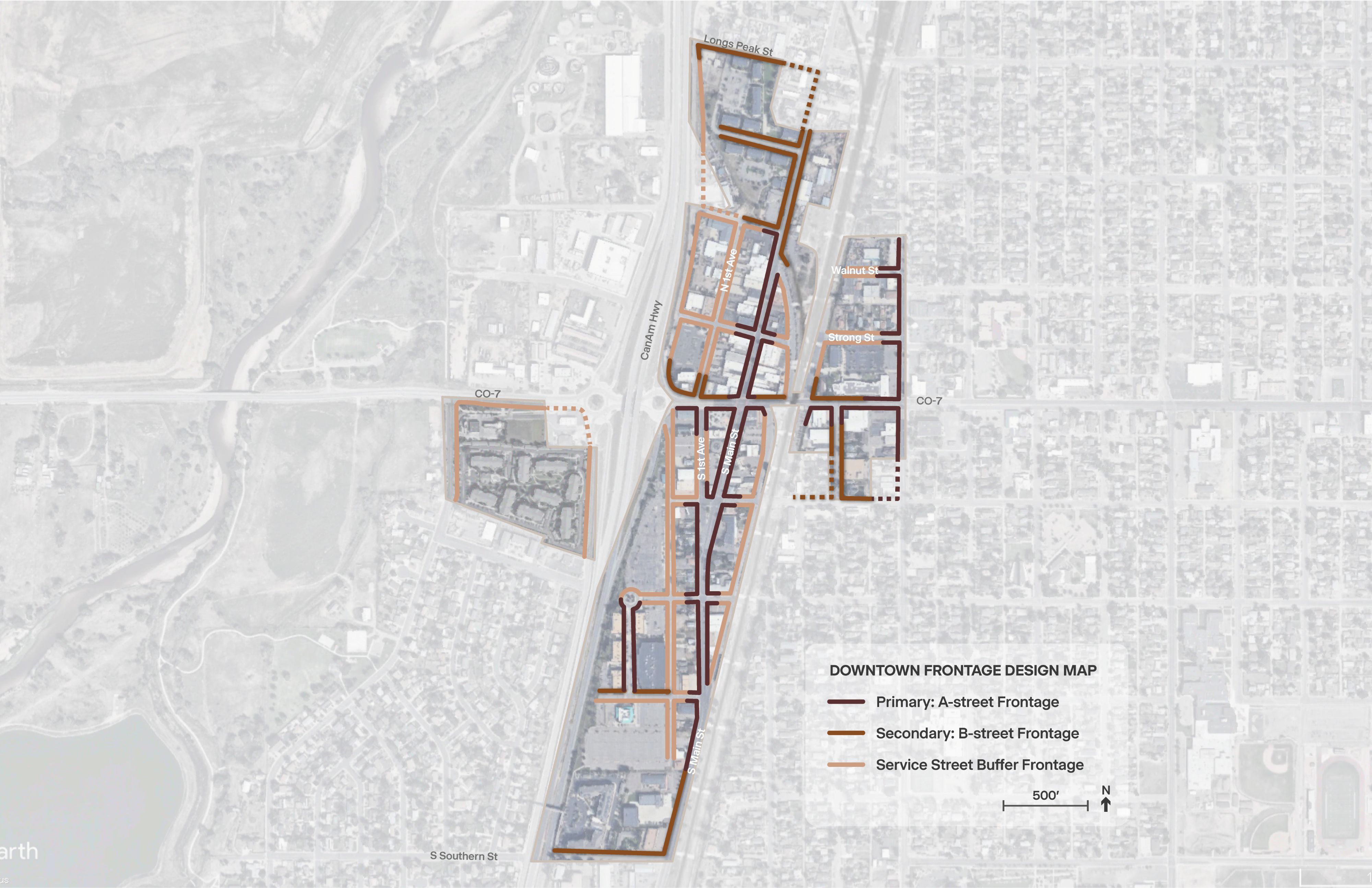 A map shows the Downtown Frontage Design plan for Brighton, CO.