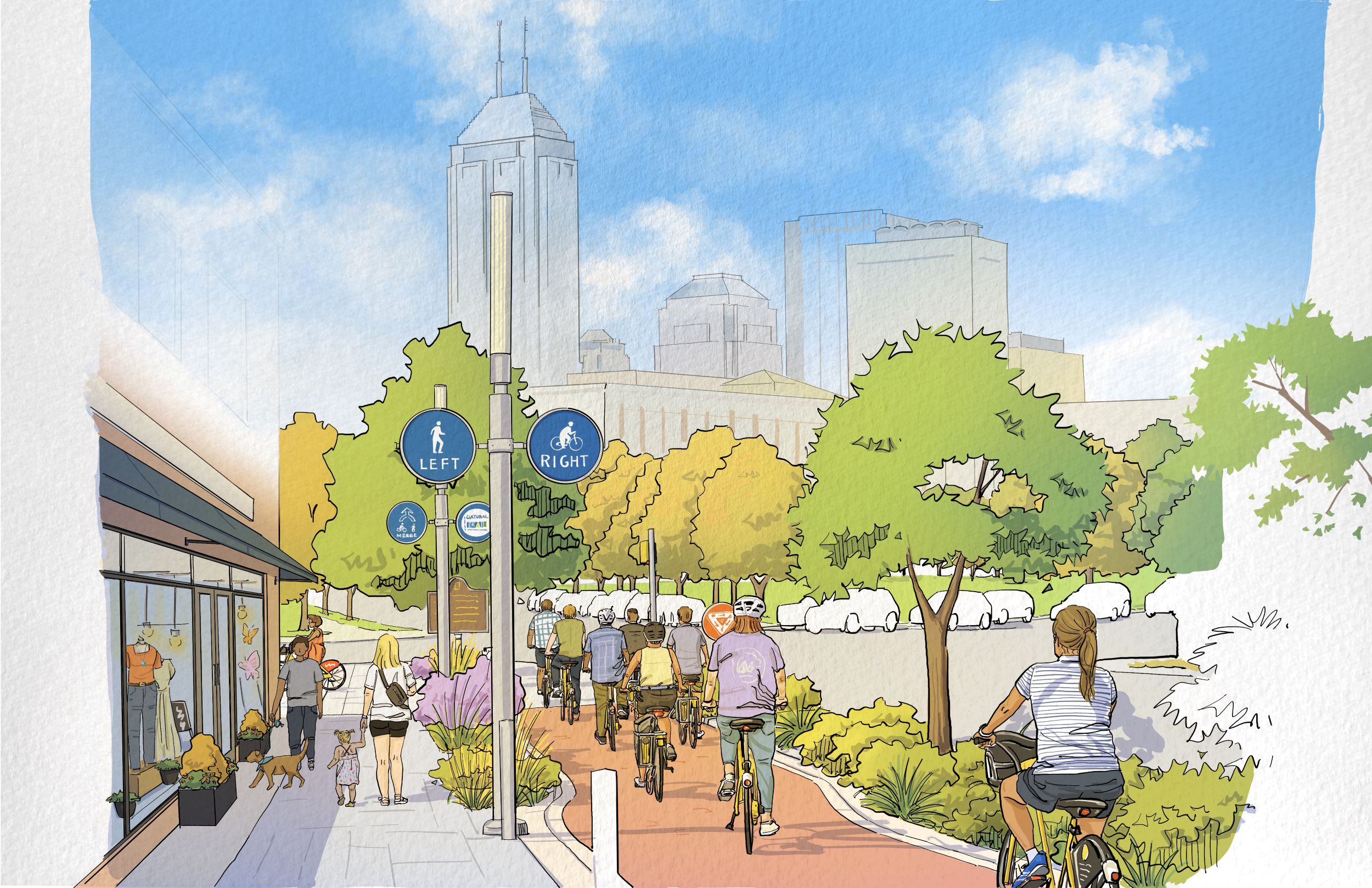 An illustration shows pedestrians and bikers enjoying the cultural trail.