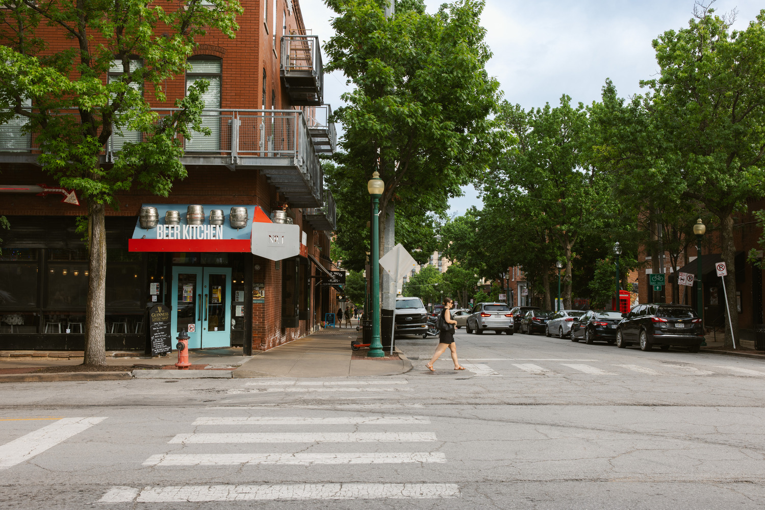 A view of a Westport district intersection businesses.