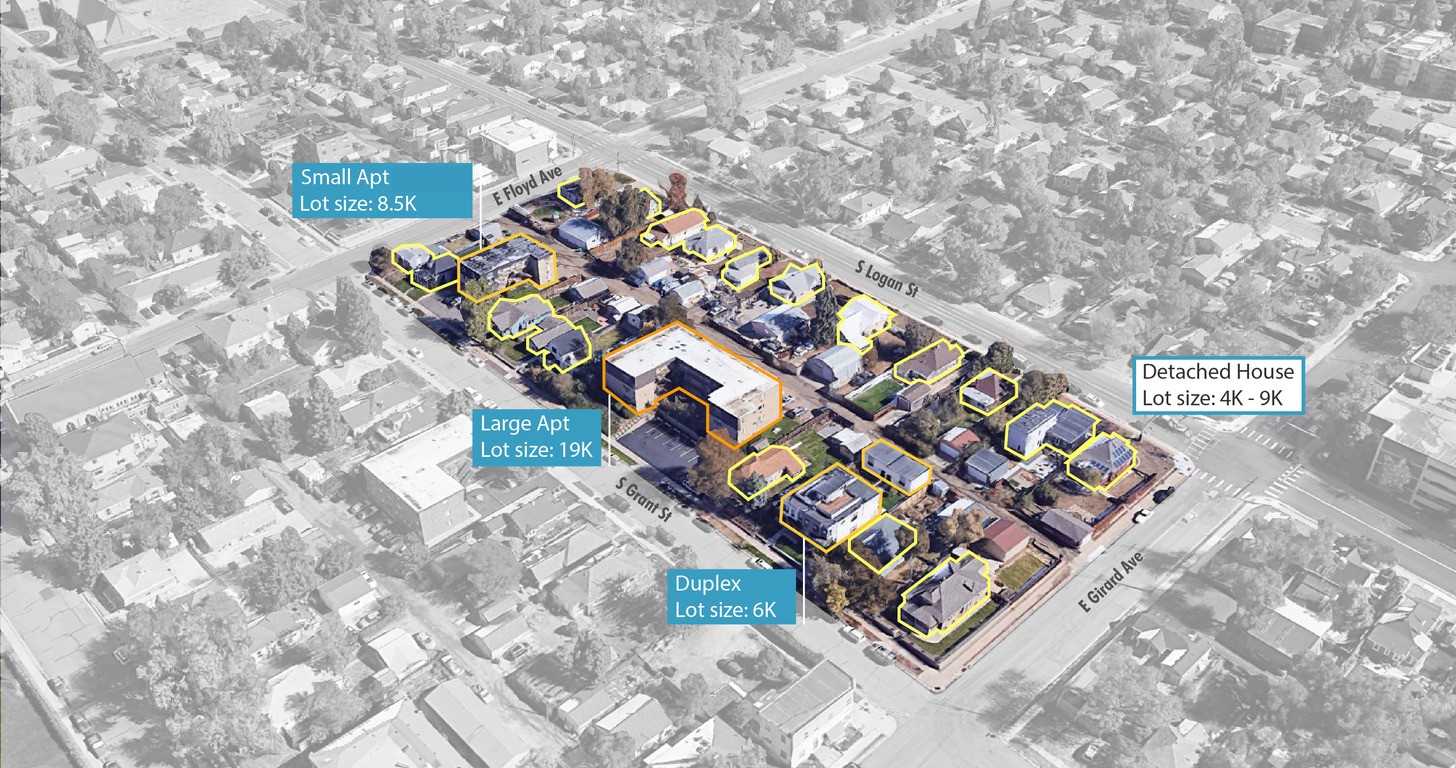 A streetview of Englewood, Colorado. Cars drive down the street in front of a blue building with a brightly colored mural. 